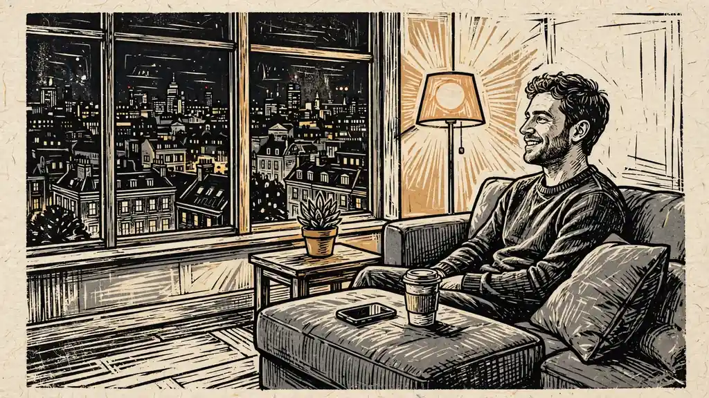 Young person relaxing in a modern UK apartment with a smartphone after a quick casino withdrawal.