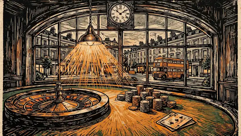 British casino lounge with roulette, chips, and a London street view at dusk.