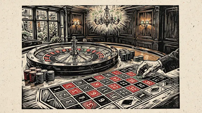 French roulette wheel with single zero and casino chips on a wooden table