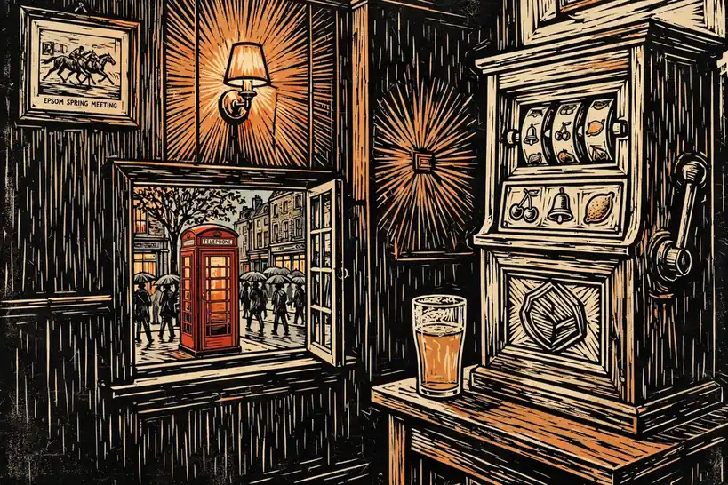 Vintage pub fruit machine next to a pint glass in a dim British pub.