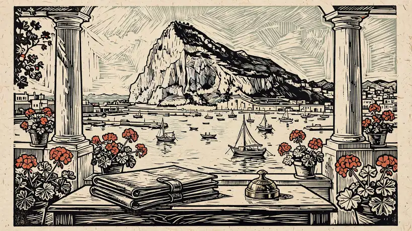 Mediterranean terrace overlooking Gibraltar Rock and harbor, polished desk with leather folders