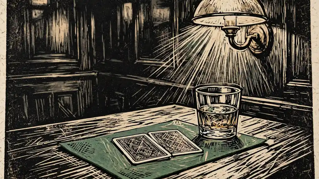 Cards on green felt beside a whisky glass in a dim British pub setting