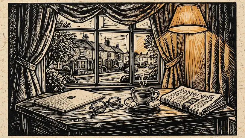 iPad on a side table in a British living room with tea and newspaper