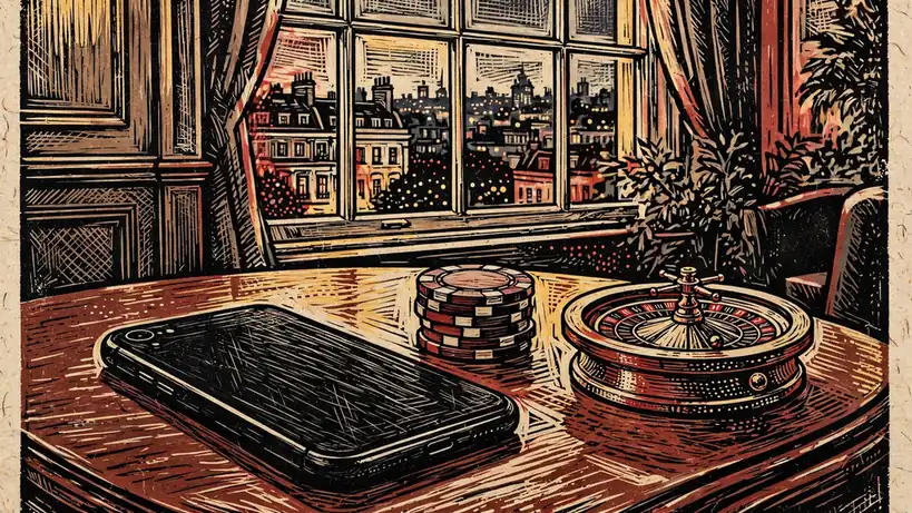 Smartphone on mahogany table with casino chips and miniature roulette in London lounge