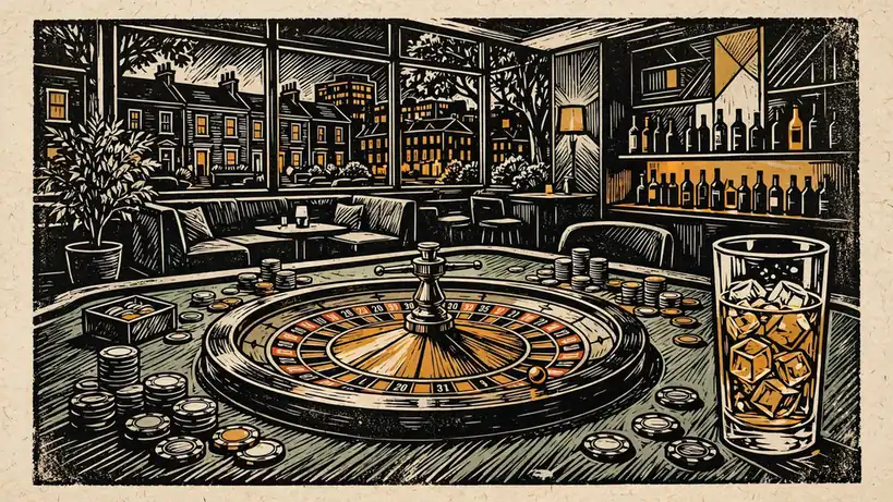 UK casino lounge at night with a roulette wheel, chips, and neon lighting.