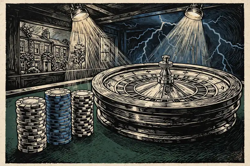 Roulette wheel on a green felt table under dramatic spotlights with blue lightning accents in a casino studio