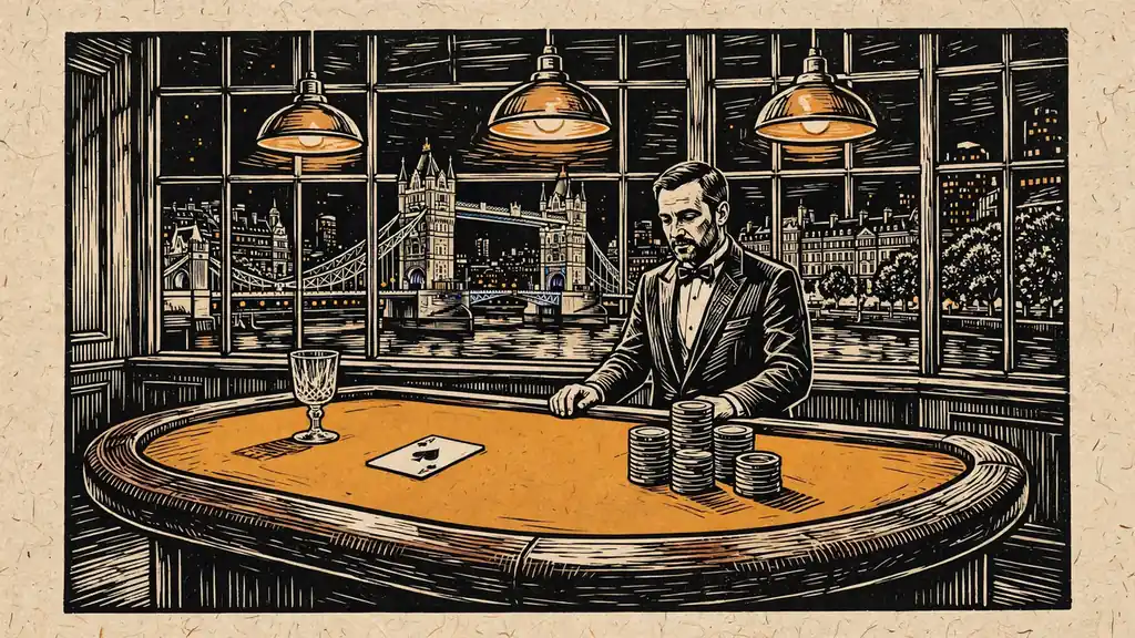 Live baccarat table with dealer and London skyline at night