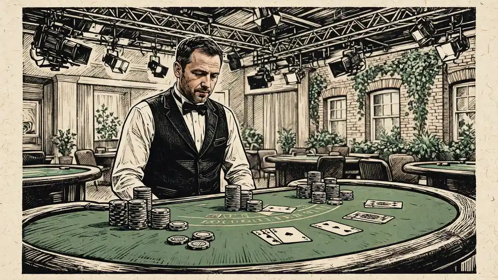 Croupier at a blackjack table in a live-streaming casino studio with broadcast cameras.