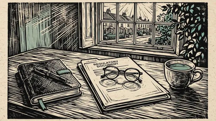 UK home office desk with regulatory documents, notebook and reading glasses