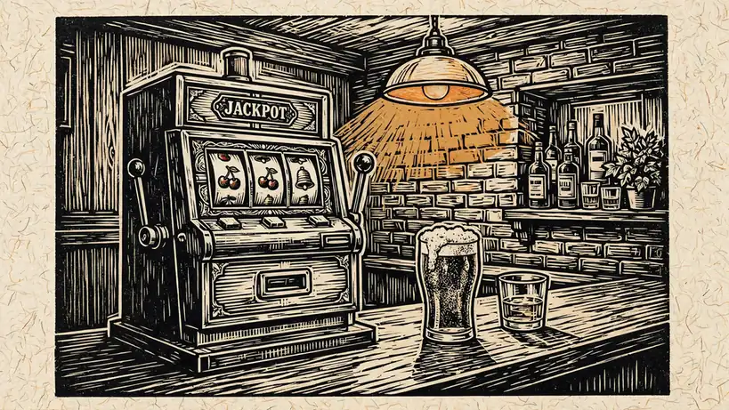 Classic slot machine in a traditional British pub with drinks on the counter.