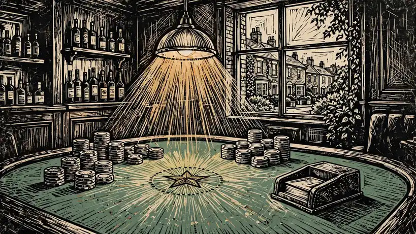 Casino gaming table with chip stacks under warm pendant lighting.