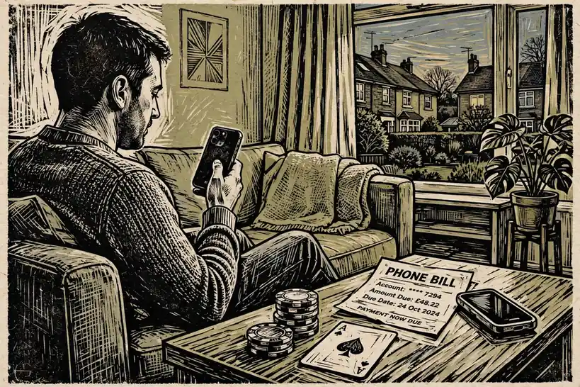 Person using smartphone near casino chips and phone bill in UK living room.