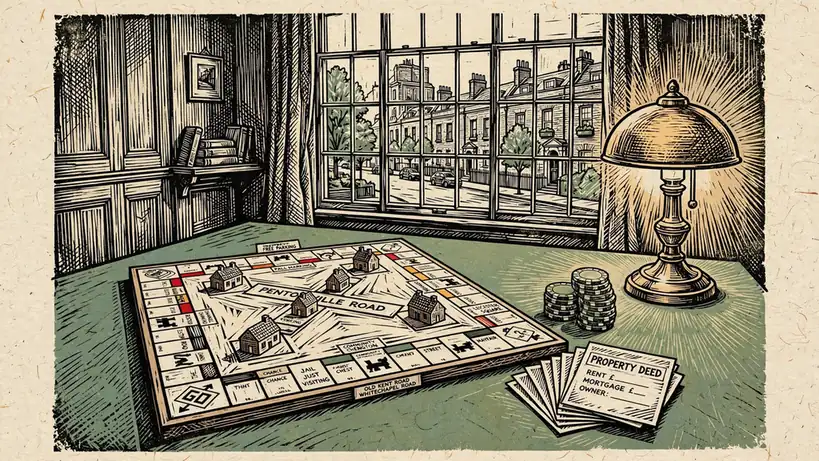 Monopoly board on a green felt table with chips in a British interior.