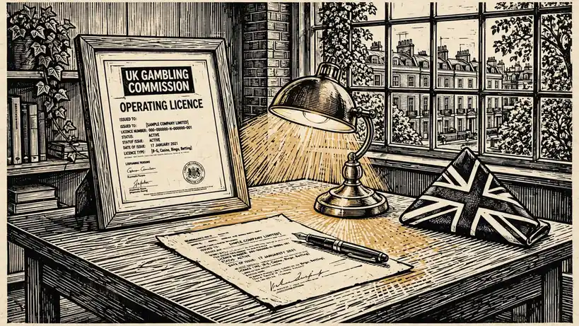 UK Gambling Commission licence displayed on a desk in a London office.