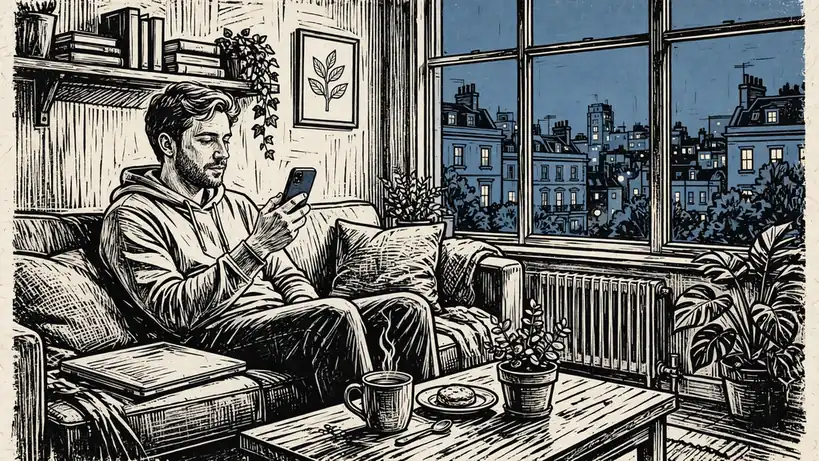 Person in a modern UK flat with closed laptop and smartphone, evening city light.