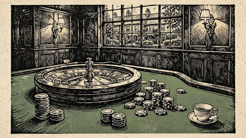 Roulette wheel and casino chips on a green felt table in a warmly lit British lounge.