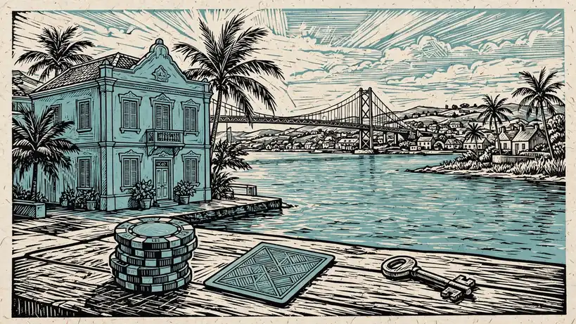 Curacao harbour with pastel colonial buildings, palm trees, and casino chips on a wooden table.