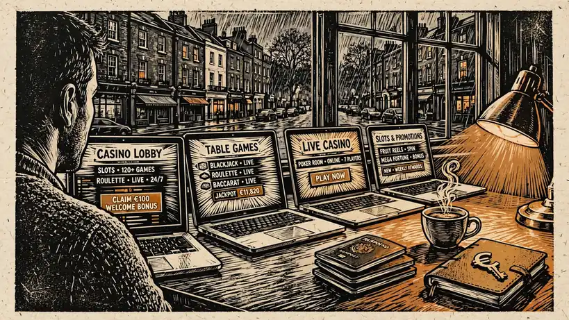 Multiple laptops showing casino sites on a desk by a rainy London window at dusk.