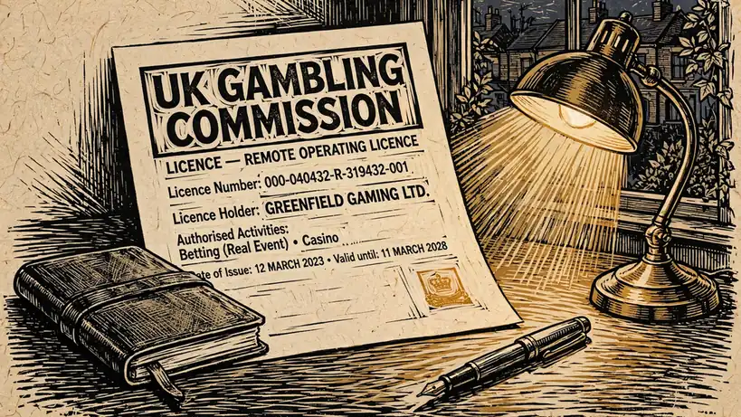 UK Gambling Commission licence document on a wooden desk under a brass lamp