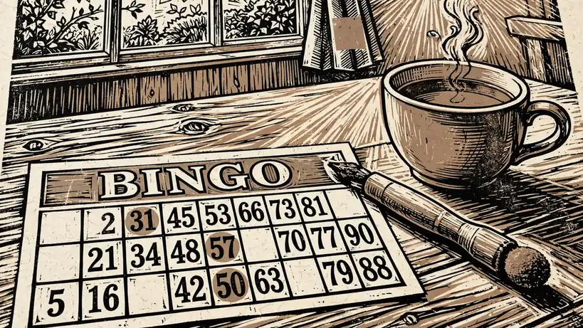 Paper bingo ticket and dauber on a wooden pub table with a cup of tea.