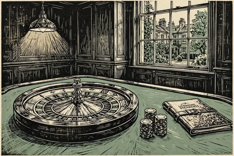 American roulette wheel with chips and licence folder on a green felt table.