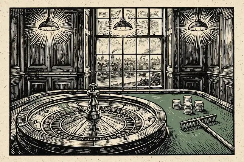 European roulette wheel on green baize in an elegant London gaming room with Thames view