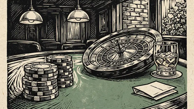 Stacked casino chips beside a roulette wheel in a warmly lit UK gaming lounge.