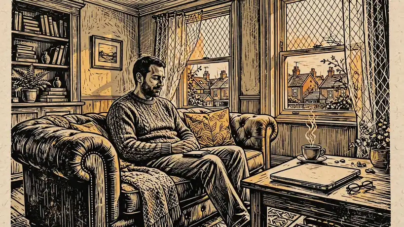 Person on a British sofa with smartphone and tea in a cozy UK living room