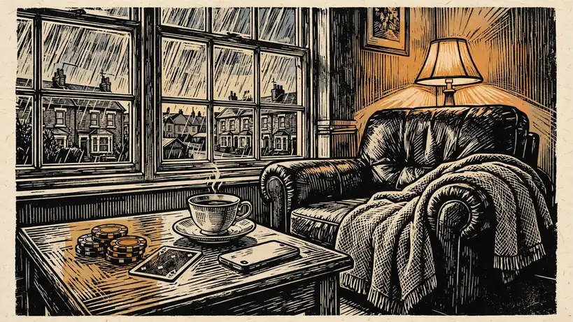 Cozy British living room with casino chips, teacup, and face-down phone at dusk.