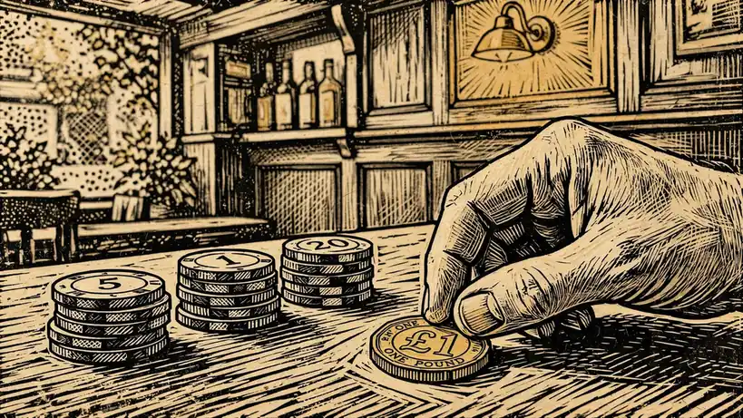 Hand placing a £1 coin on a card table with small chip stacks in a British pub.