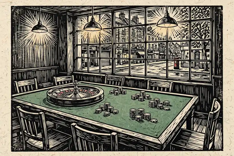 British gaming lounge interior with roulette table and chips near a rainy street window.