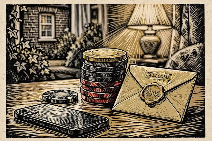 Stacked casino chips, a face-down smartphone, and a welcome envelope with 200% emblem on a wooden table.