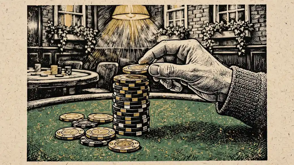 Stacked casino chips with a hand adding another chip on green felt