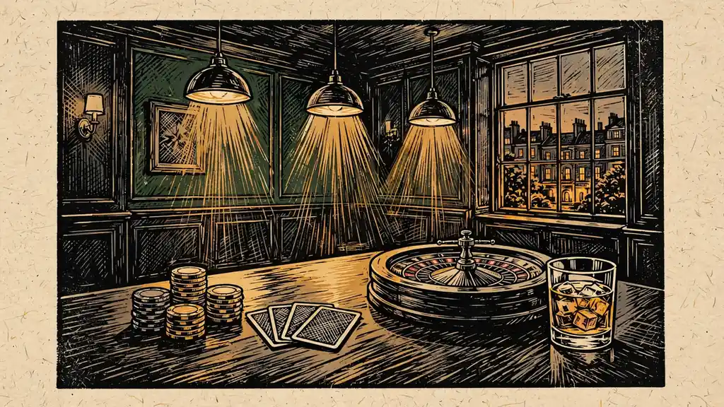 Classic British gaming lounge with chips, cards and a roulette wheel on a wooden table under warm lighting.
