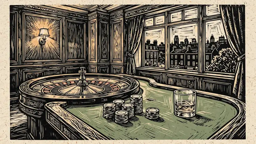 Elegant casino lounge with roulette table and chips