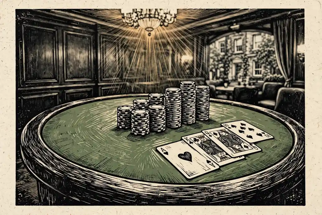 Green felt casino table with stacked colorful chips and dealt cards under warm chandelier light