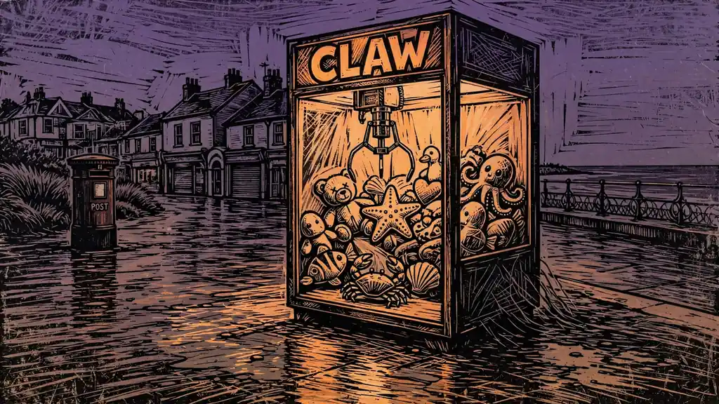 Glowing arcade claw machine with rubber crab on British seaside promenade at dusk