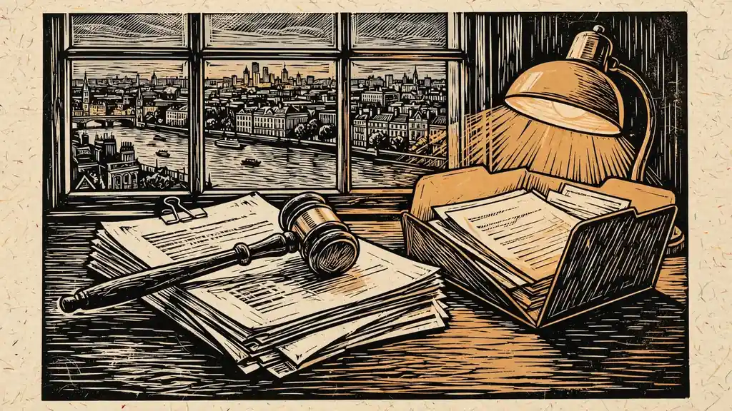 Brass gavel on legal documents near a window overlooking London at dusk.
