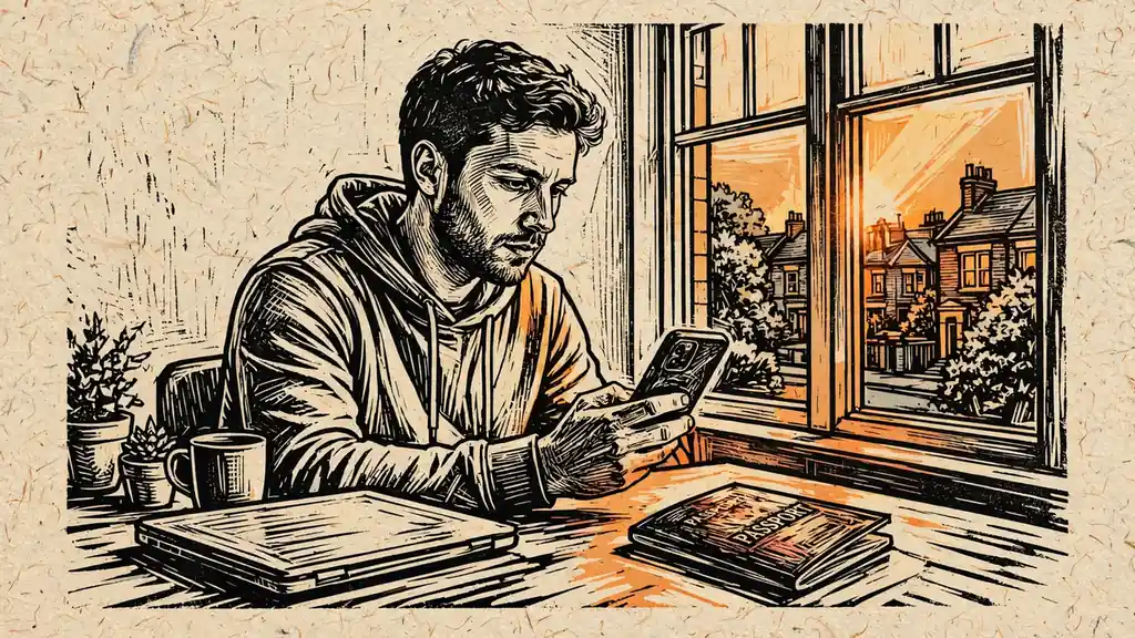 Person considering identity verification at a London desk with phone and passport
