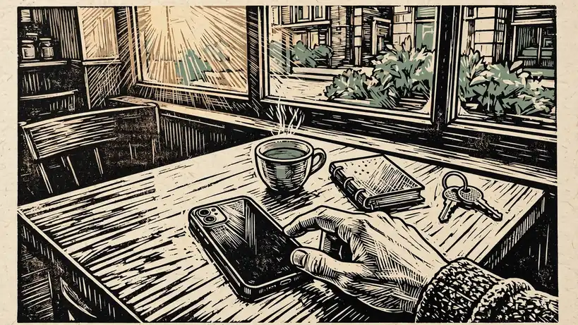 Smartphone on a British café table beside tea, with a hand nearby