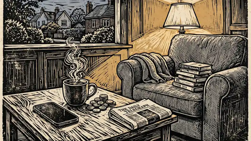 Face-down smartphone on a side table in a UK living room with tea, coins and newspaper
