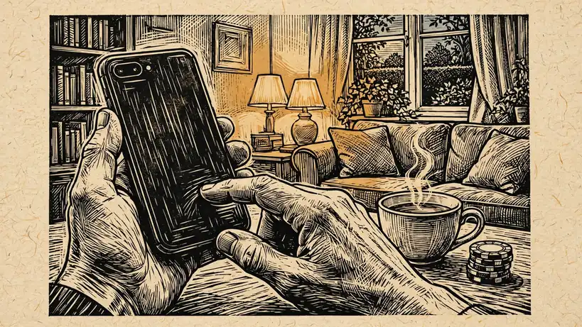Hand holding a smartphone with SMS confirmation code in a British home setting