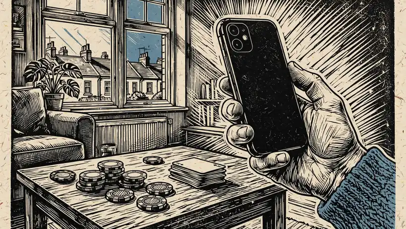 Hand holding a smartphone near casino chips and cards in a British home
