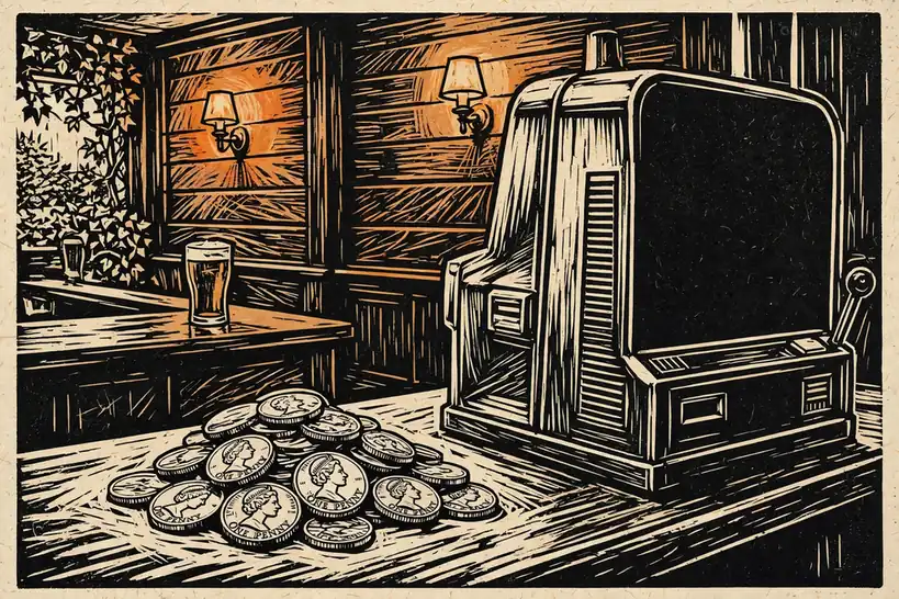 British penny coins beside a slot machine cabinet in a traditional UK pub with warm amber lighting.