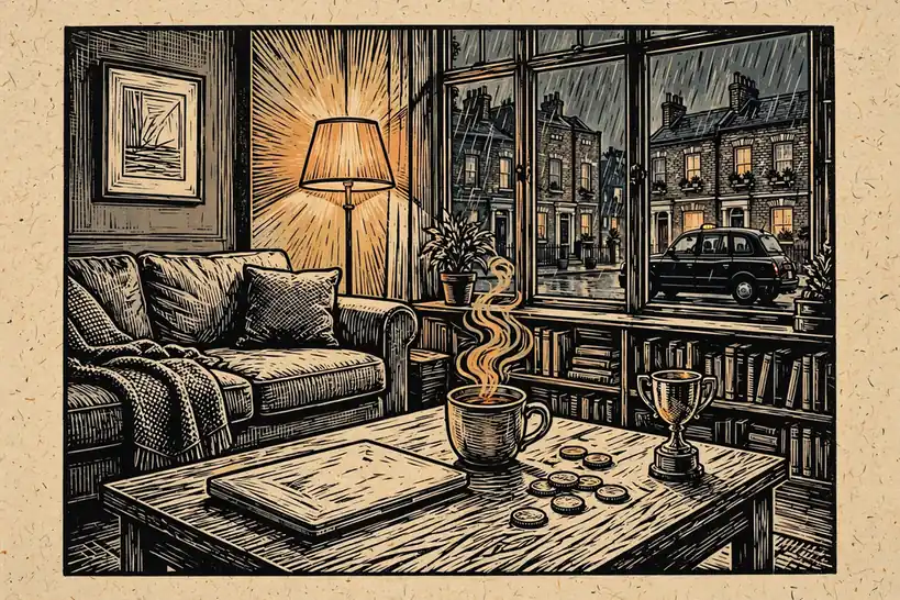 British living room with laptop, coins, and London street view at dusk