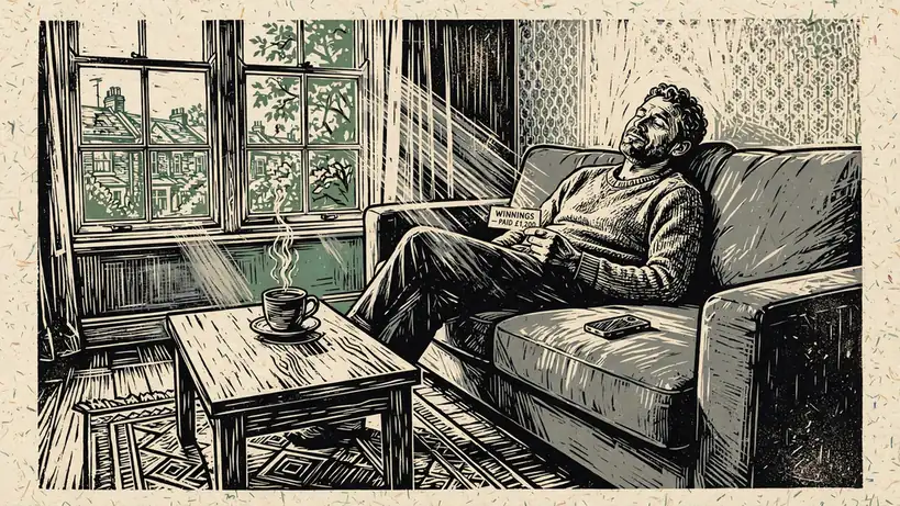 Person relaxing in a modern British living room with tea and a face-down phone