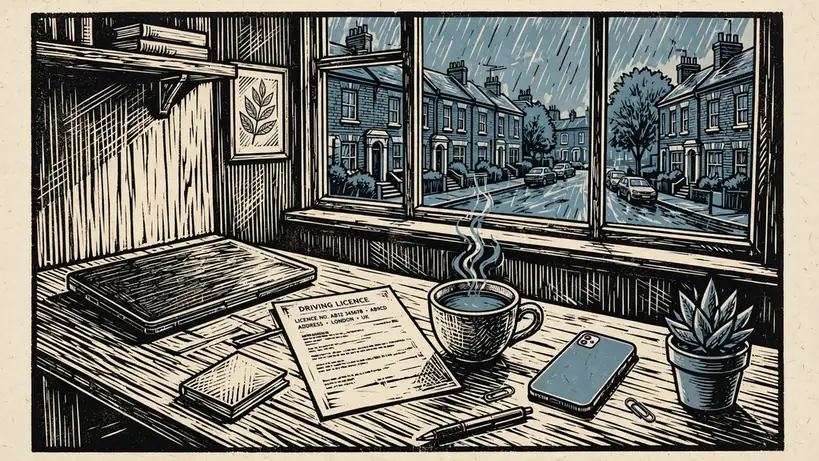 British home office desk with closed laptop and printed licence document by a window.