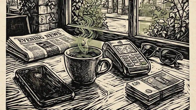 Smartphone, contactless payment, and British pounds on a café table.
