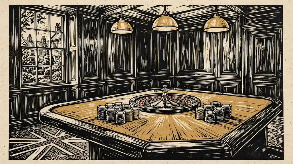 British casino lounge with roulette wheel and card table