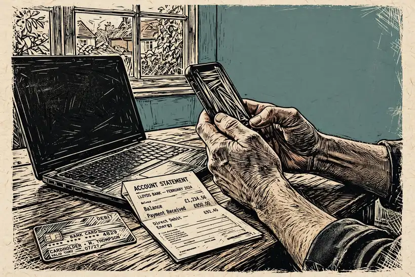 Hands using a smartphone and laptop with a bank card on a desk.